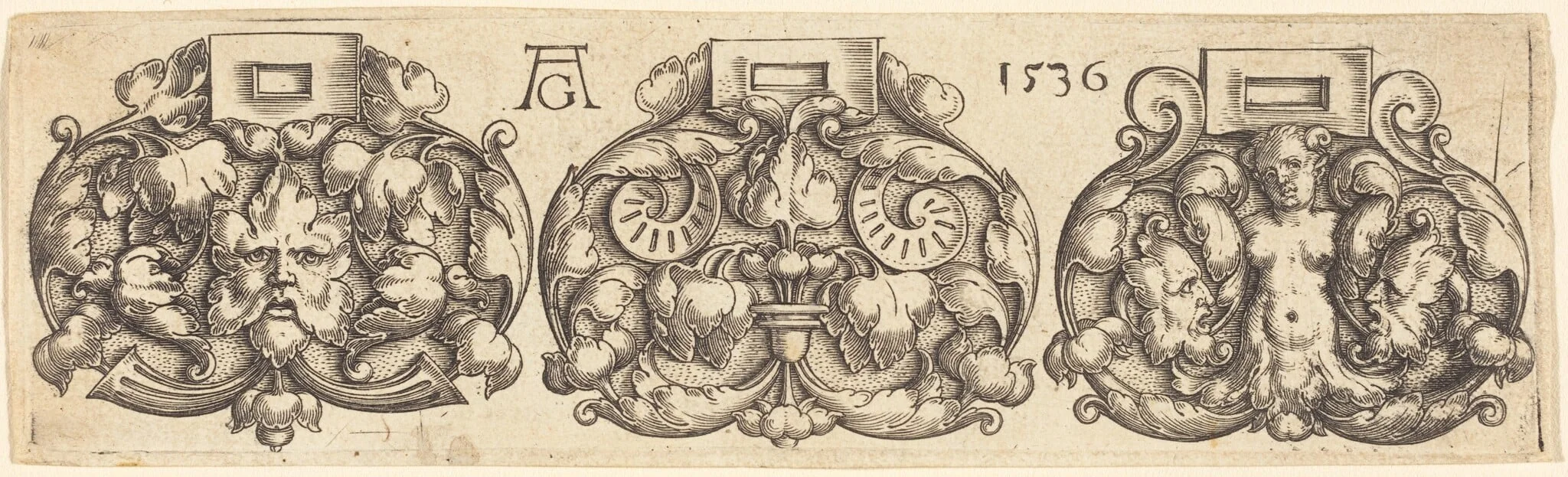 Three Buckles of Girdles Side by Side, by Heinrich Aldegrever, ink, 1536