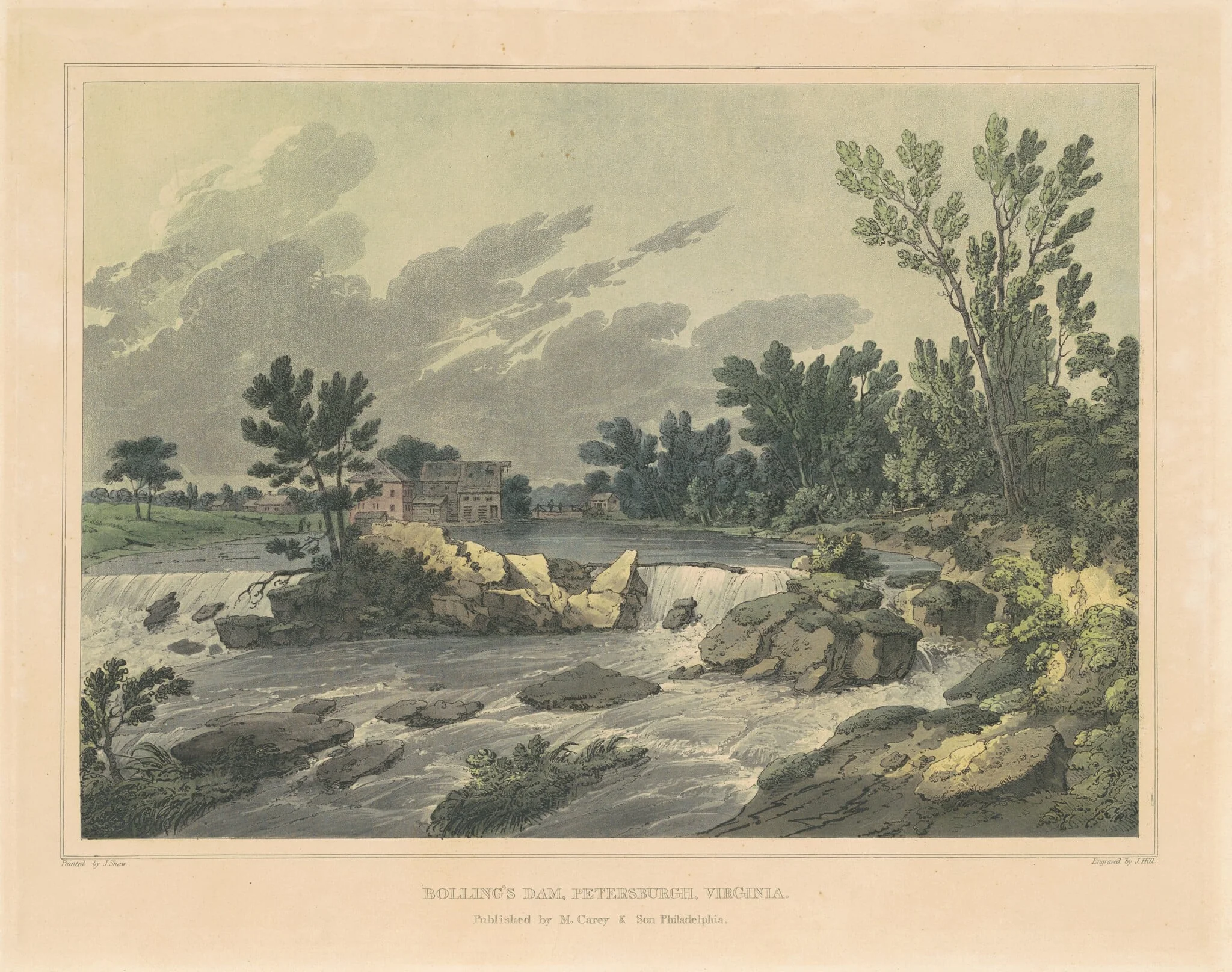 Bolling's Dam, Petersburgh, Virginia, by John Hill, ink, 1821