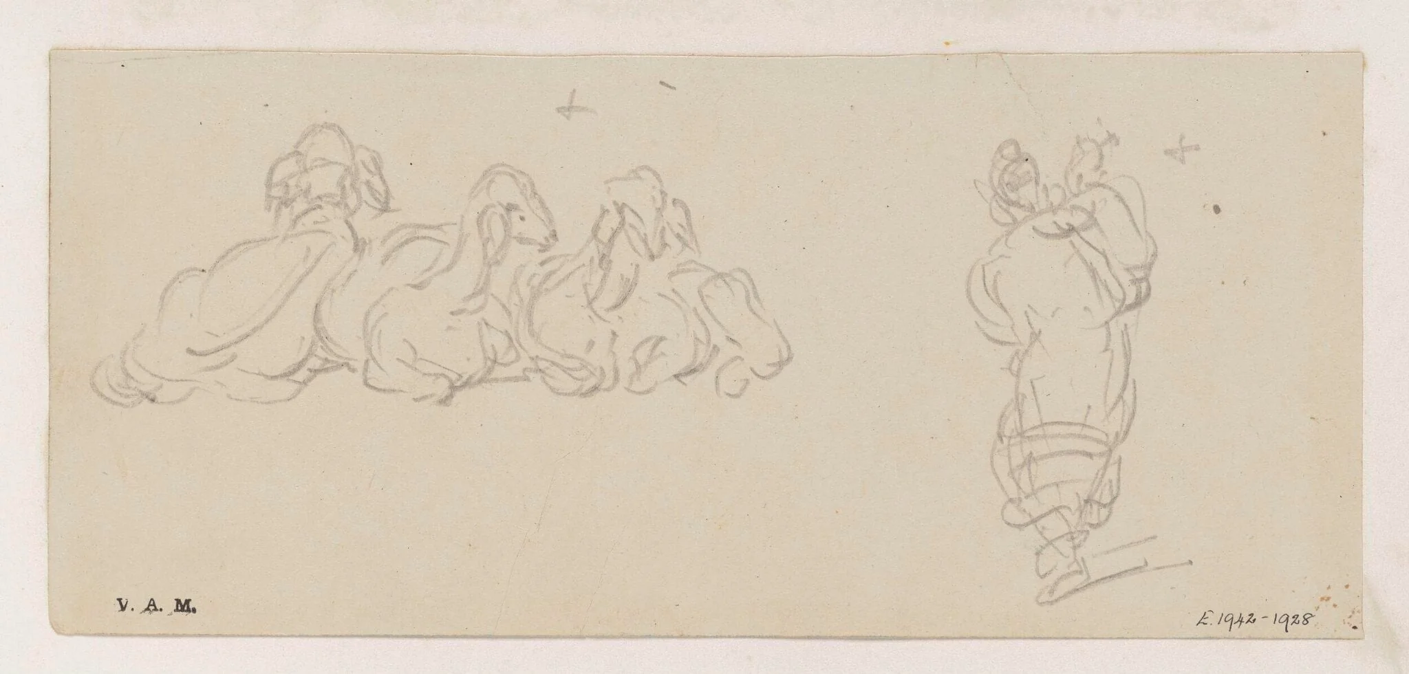 Three goats, and a boatwoman carrying a child, by George Chinnery, 19