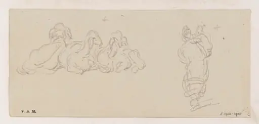 Three goats, and a boatwoman carrying a child