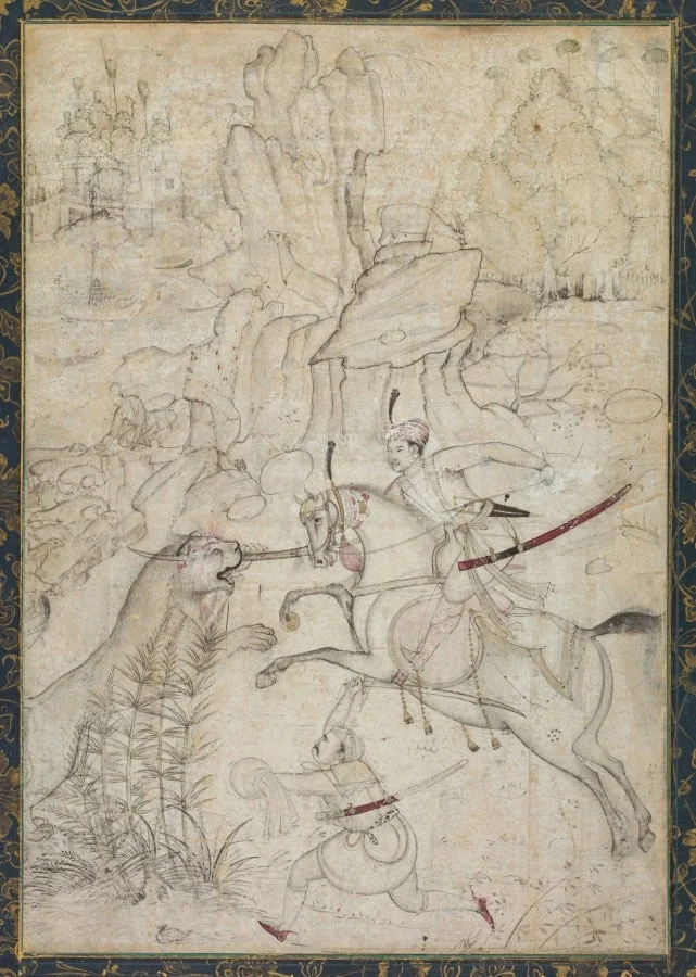 A Mounted Prince Hunting Lion in a Rocky Landscape, by Khem Karan, unspecified, 1600