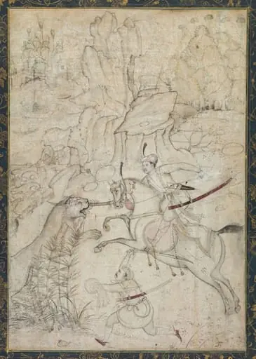 A Mounted Prince Hunting Lion in a Rocky Landscape