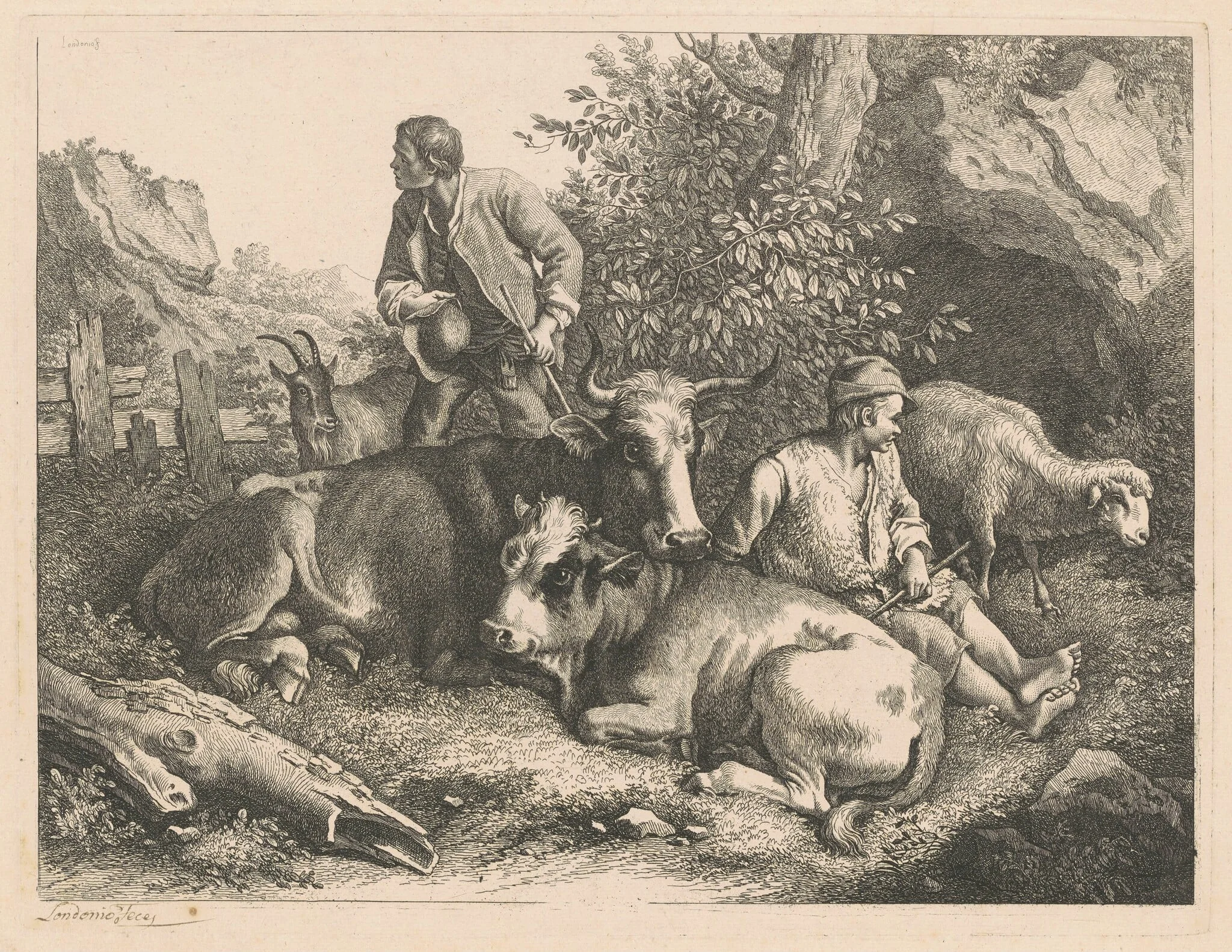 Two Shepherds with a Cow and Calf, by Francesco Londonio, ink, 1776
