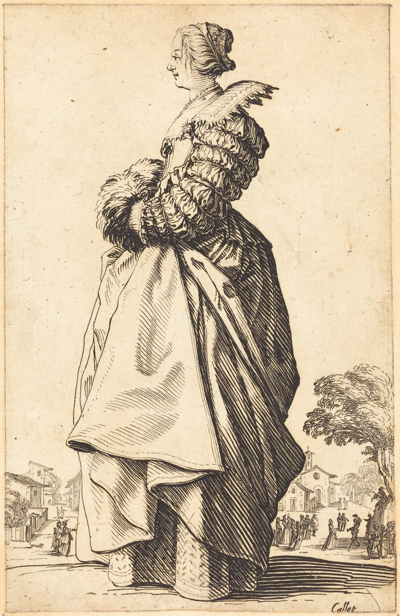 Noble Woman in Profile with her Hands in a Muff, by Jacques Callot, ink, 1622