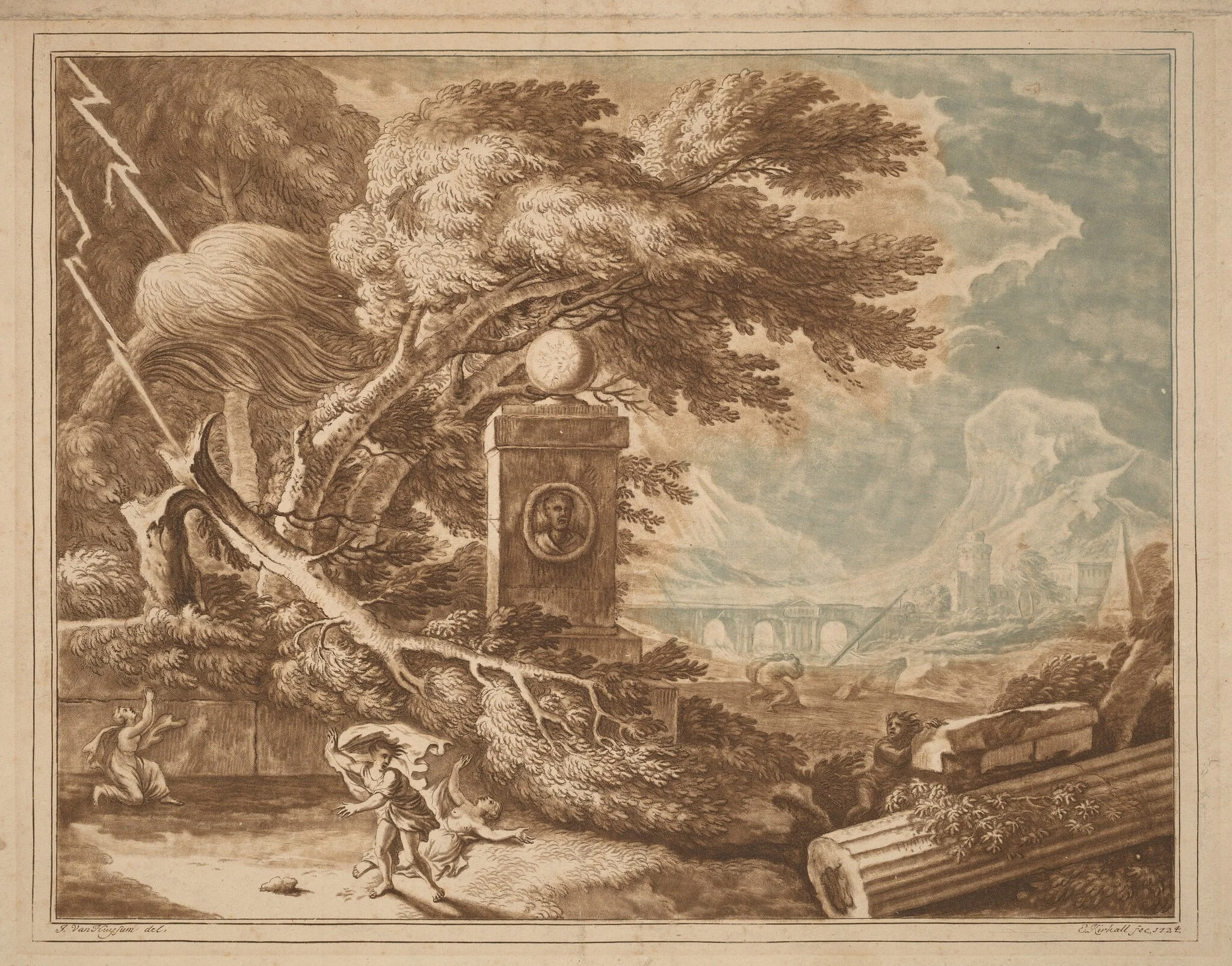 Heroic Stormy Landscape, by Elisha Kirkall, ink, 1724