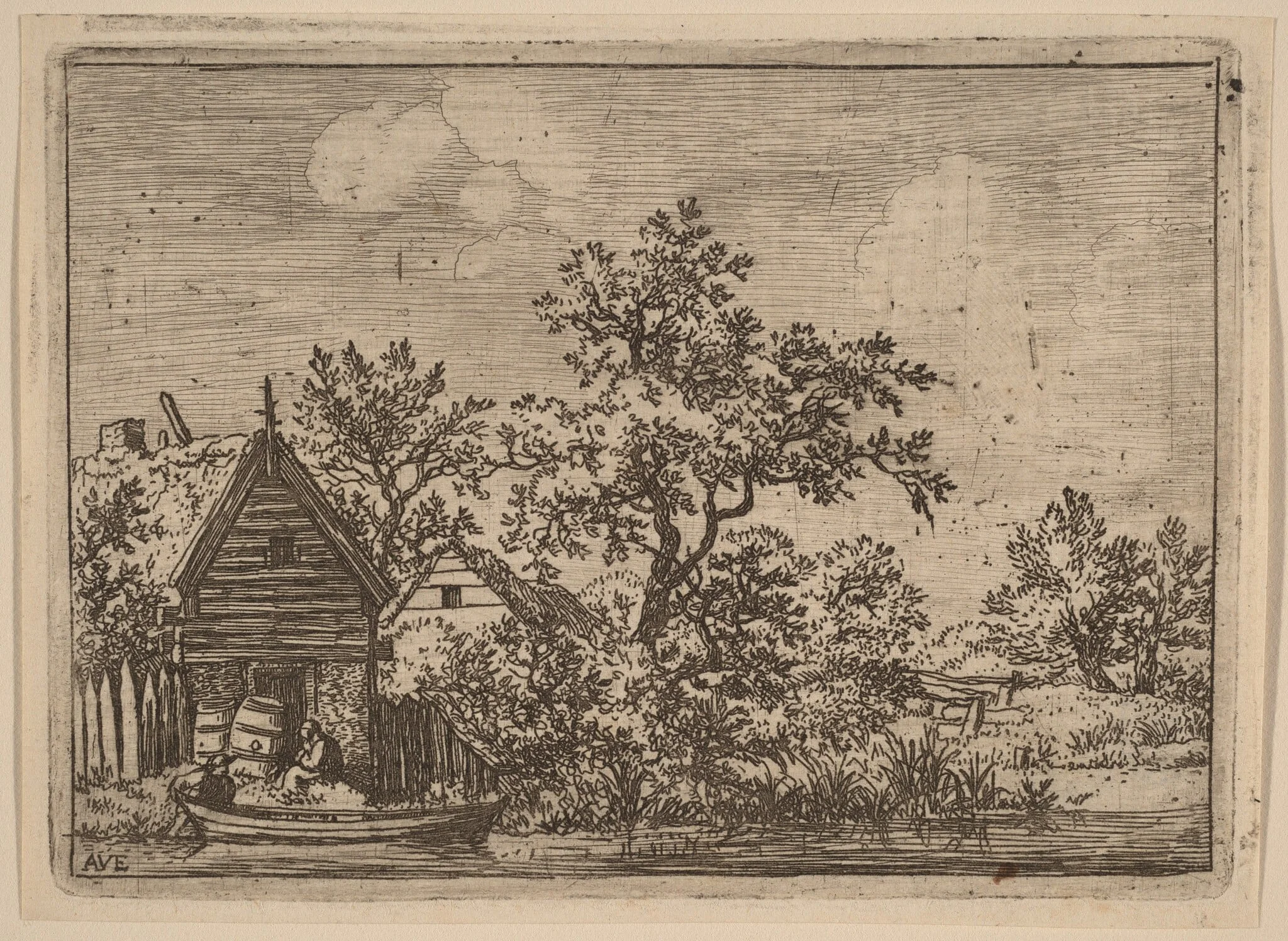 Two Casks in Front of a Cottage, by Allart van Everdingen, ink, 1650
