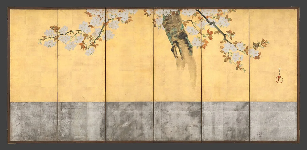 酒井抱一筆　桜図屏風|Blossoming Cherry Trees, by Sakai Hōitsu, ink, 1805
