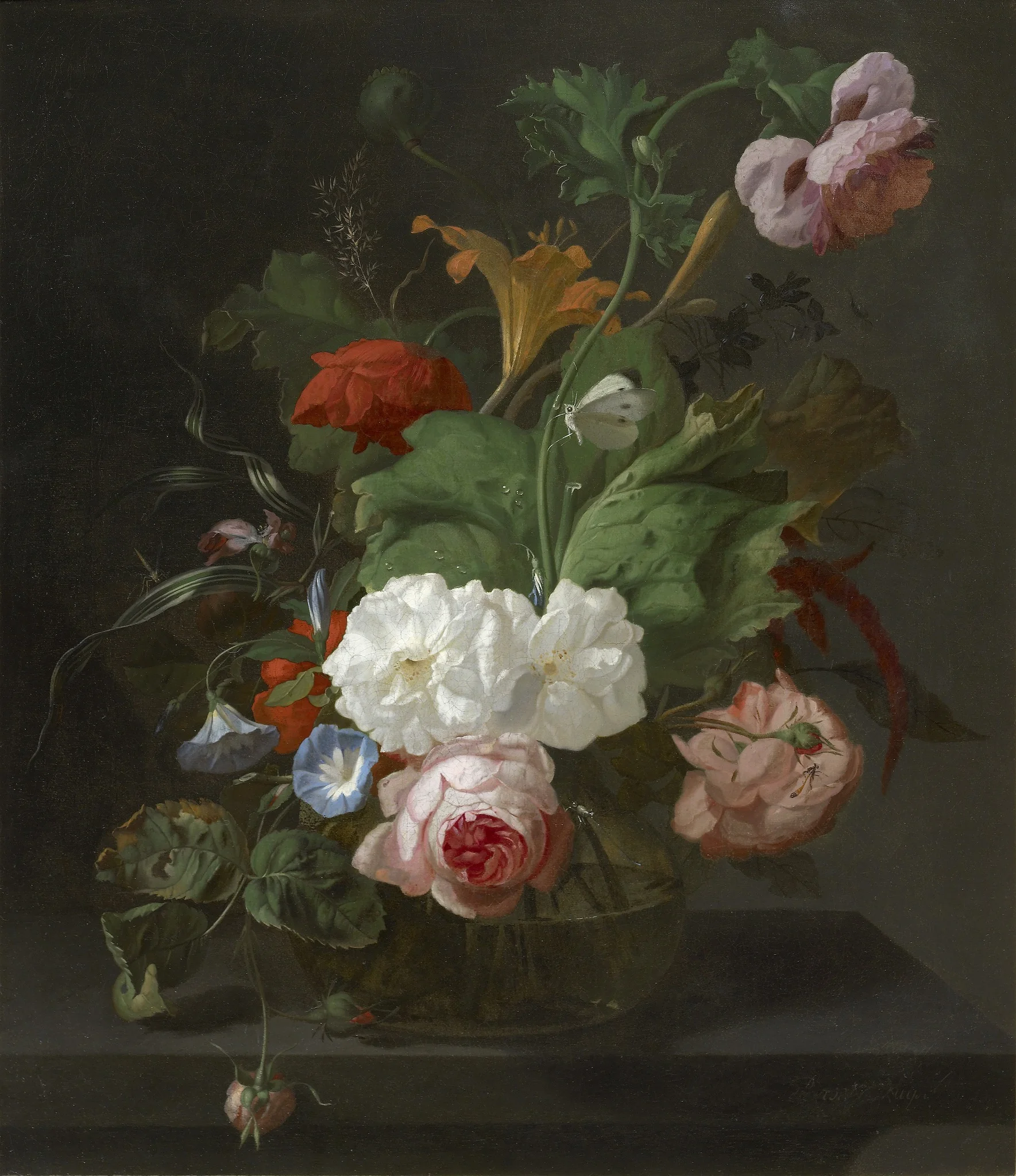 Flowers in a Glass Vase, by Rachel Ruysch, oil, 1700