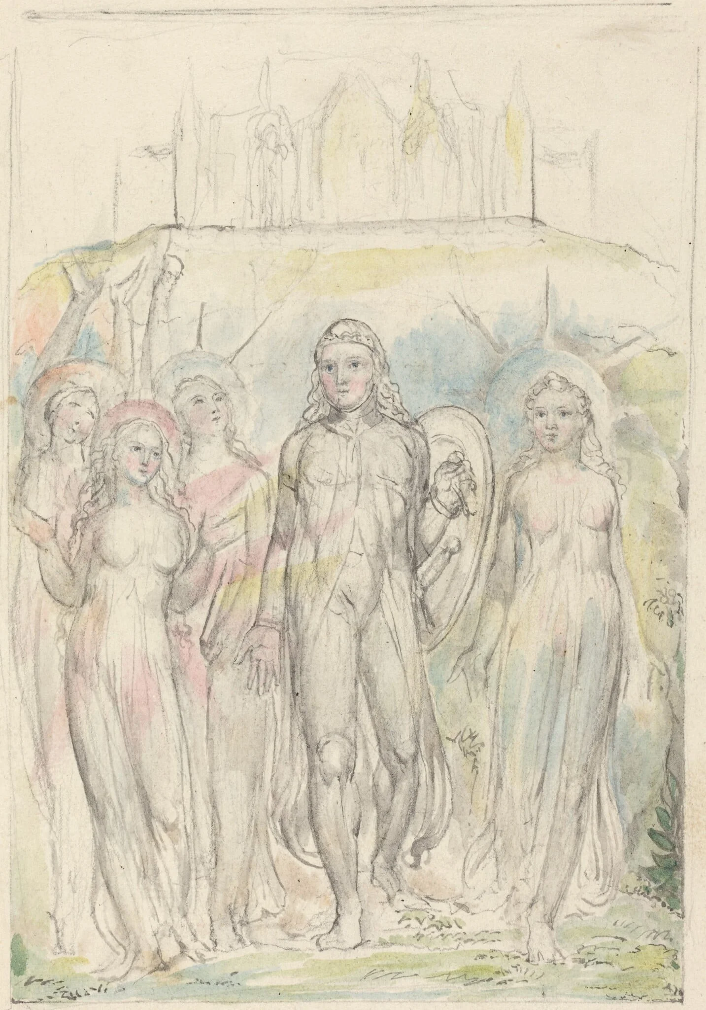 Christian with the Shield of Faith, Taking Leave of His Companions, by William Blake, graphite, 1826