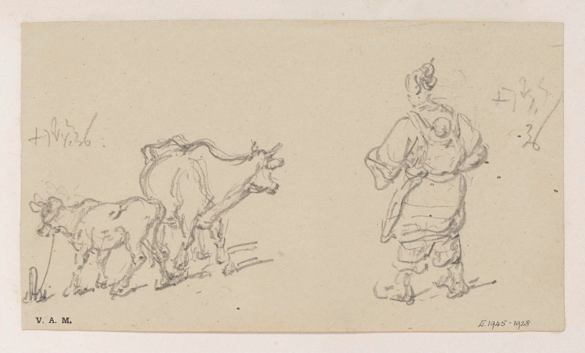 A cow and calf, and a boatwoman with a child on her back, by George Chinnery, 2