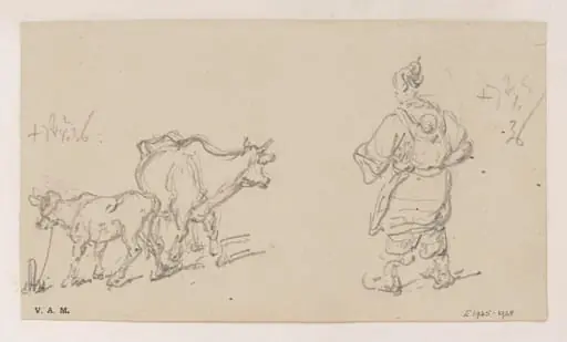 A cow and calf, and a boatwoman with a child on her back