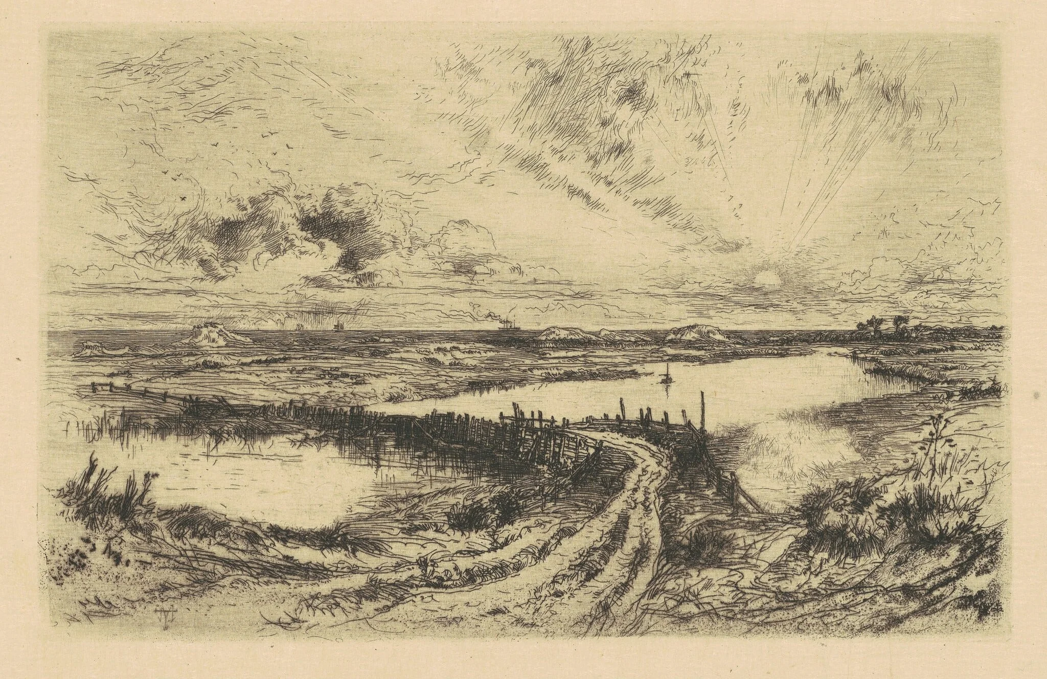Sunrise—The Pond, Easthampton, Long Island, by Thomas Moran, ink, 1881