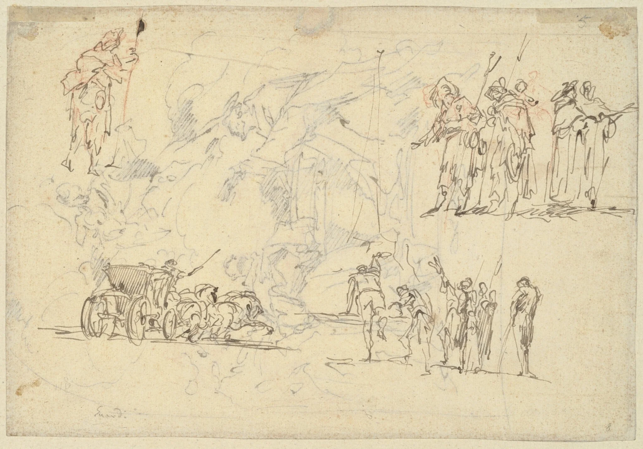Figure Studies and a Horse-Drawn Carriage (recto), by Gaspare Diziani, ink, 1701