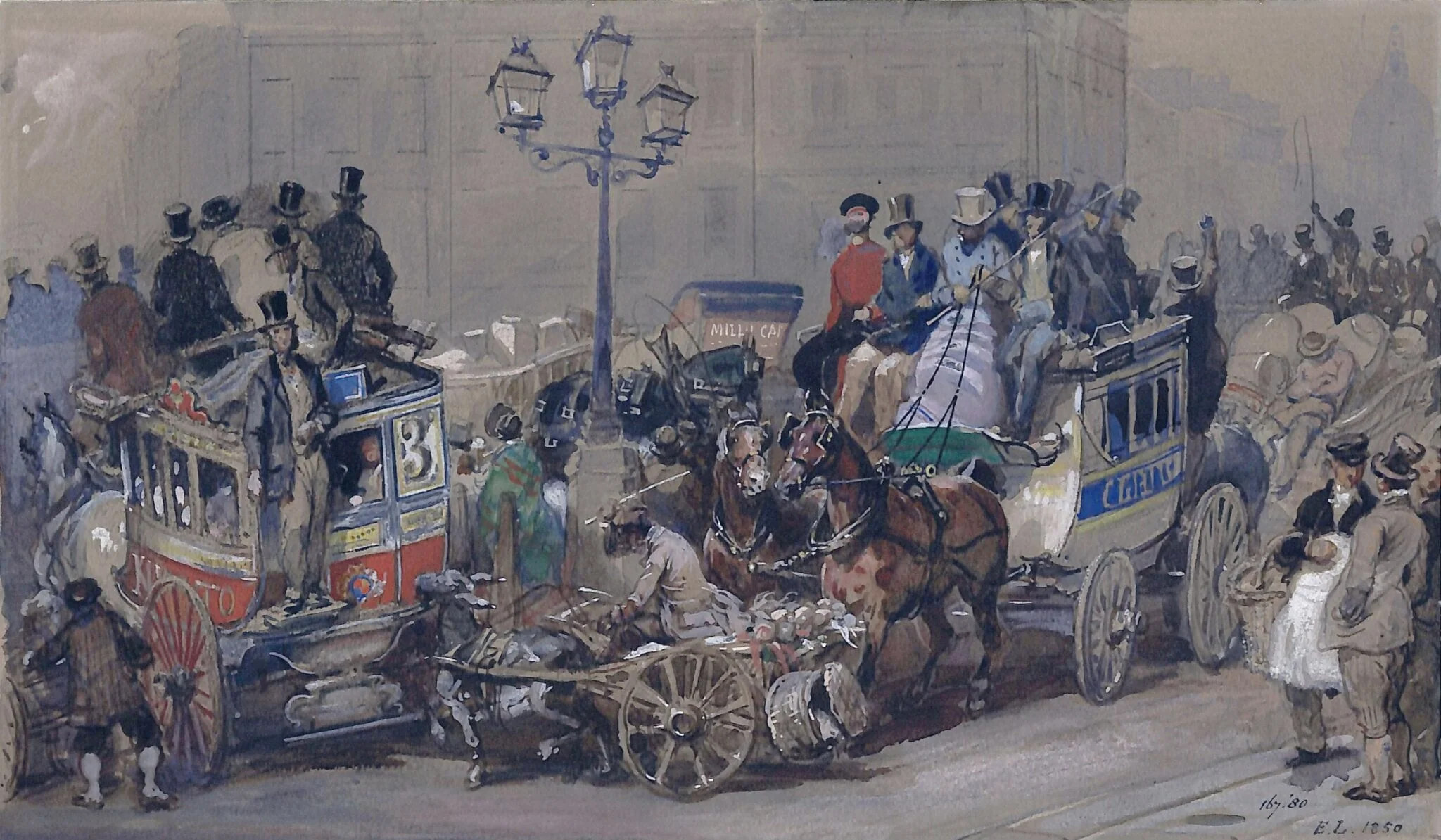 Ludgate Circus, London, by Lami, watercolor, 1850