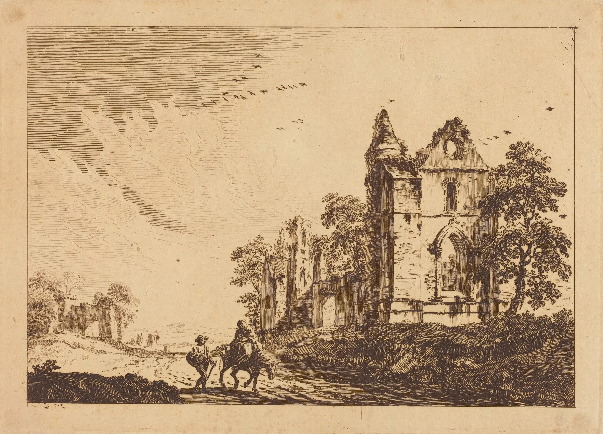 Ruined Abbey with Travelers on the Road, by Paul Sandby, ink, 1758