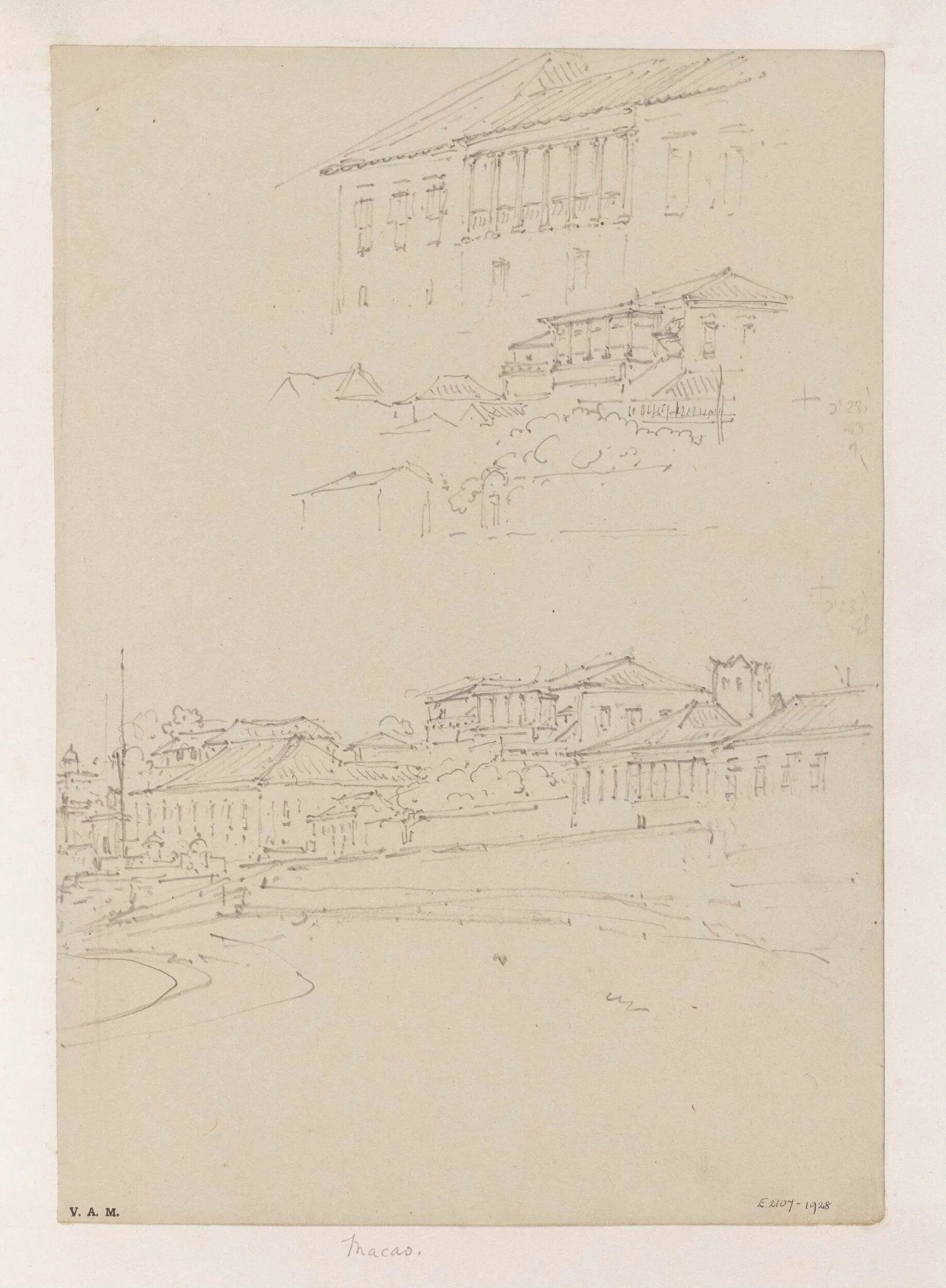 Three drawings of buildings on the Praya Grande, Macau
