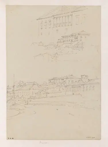 Three drawings of buildings on the Praya Grande, Macau