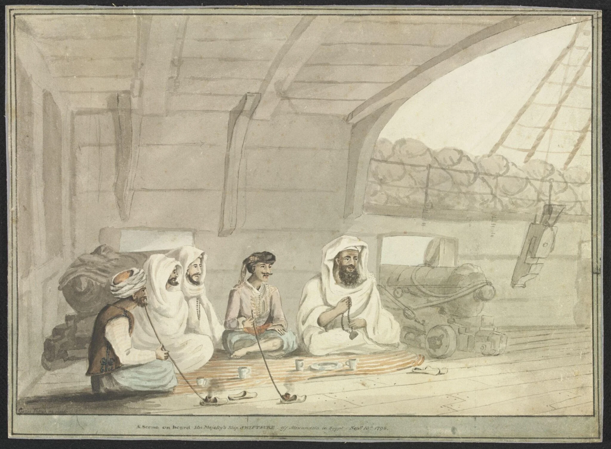 A Scene on board His Majesty's Ship Swiftsure.  off Alexandria in Egypt - Sepr. 10th 1798, by Cooper Willyams, watercolor, 1798
