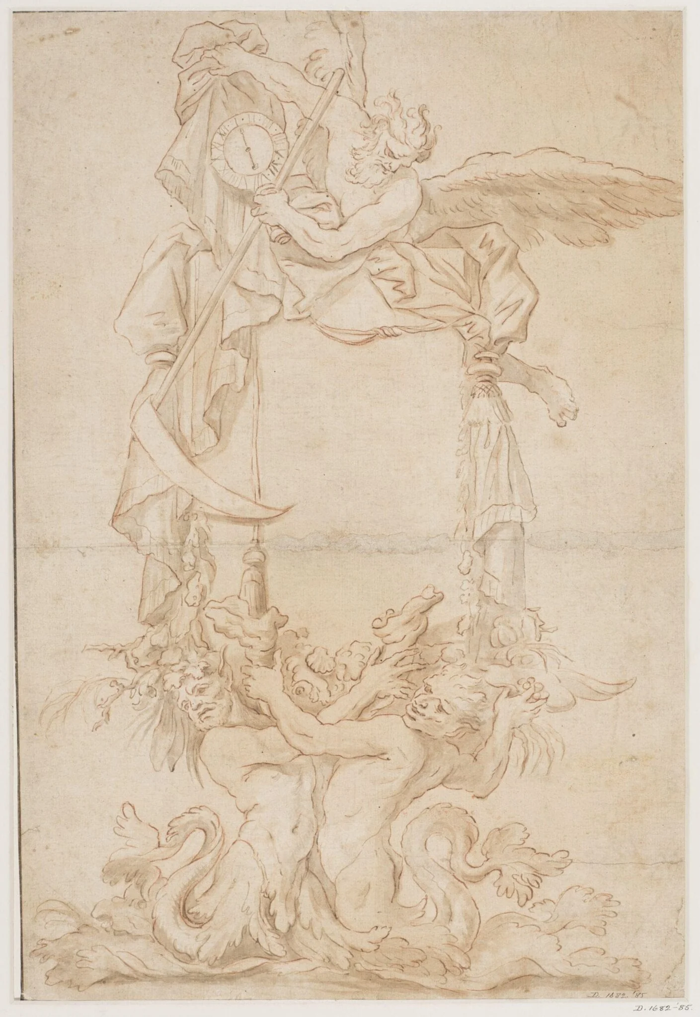 Ornamental design,  probably for a title page: a  figure of Time resting on a  cartouche held up by a pair  of tritons and holding a clock