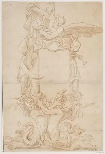 Ornamental design,  probably for a title page: a  figure of Time resting on a  cartouche held up by a pair  of tritons and holding a clock