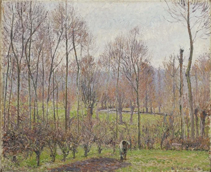 Poplar Trees at Eragny, Overcast Skies, by Camille Pissarro, oil, 1898
