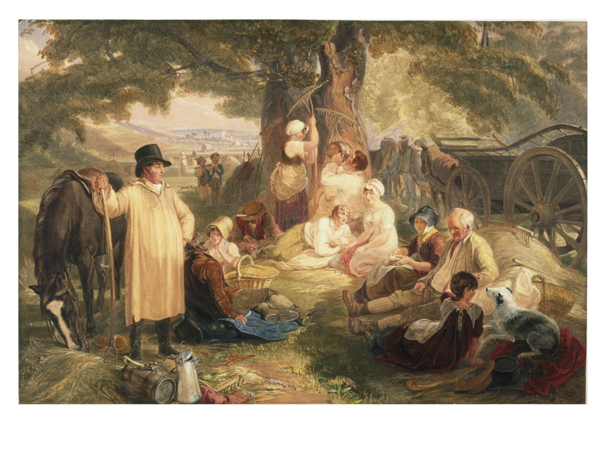 Haymakers at dinner, by Thomas Uwins, watercolor, 1812