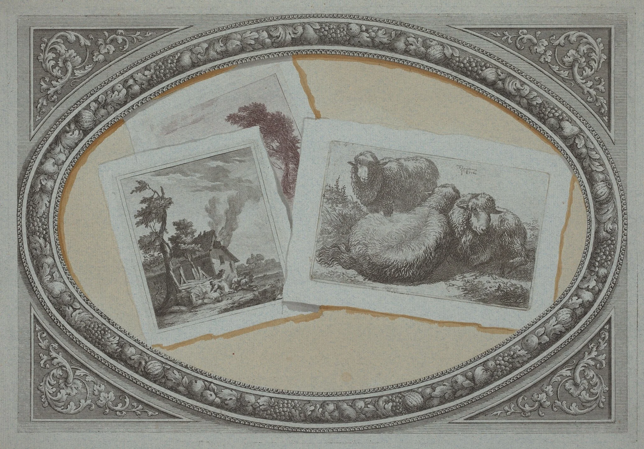 Trompe l'Oeil: Landscapes and Sheep, Using Original Copperplates, by Milanese 18th Century, watercolor, 1790