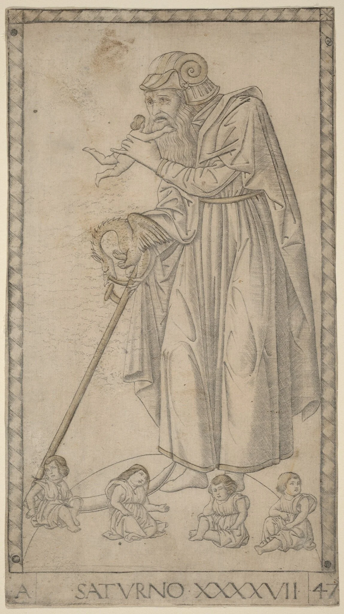 Saturno (Saturn), by Master of the E-Series Tarocchi, ink, 1465