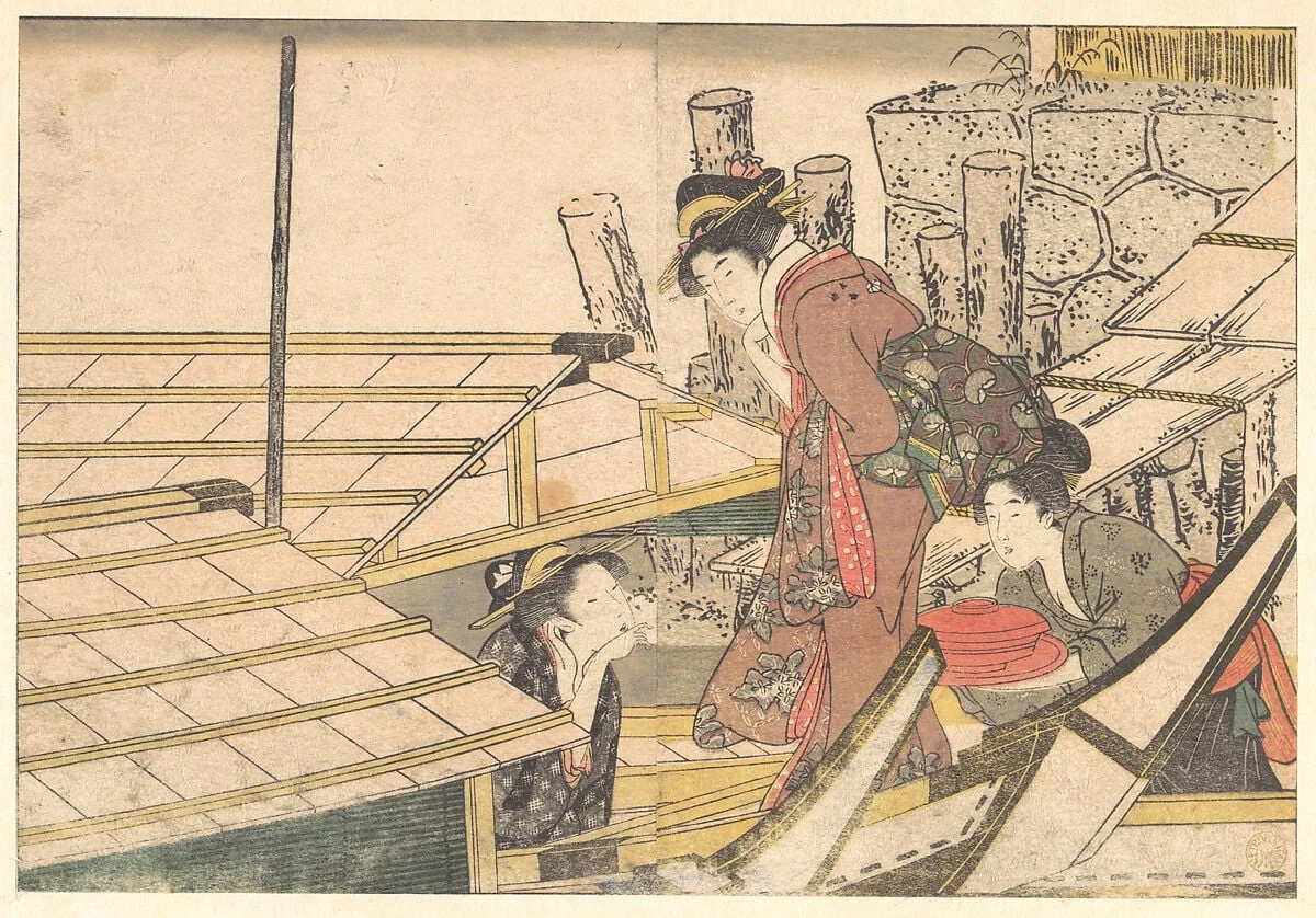 四季の花|Girls Getting on Board a Boat, from the illustrated book Flowers of the Four Seasons, by Kitagawa Utamaro, ink, 1801