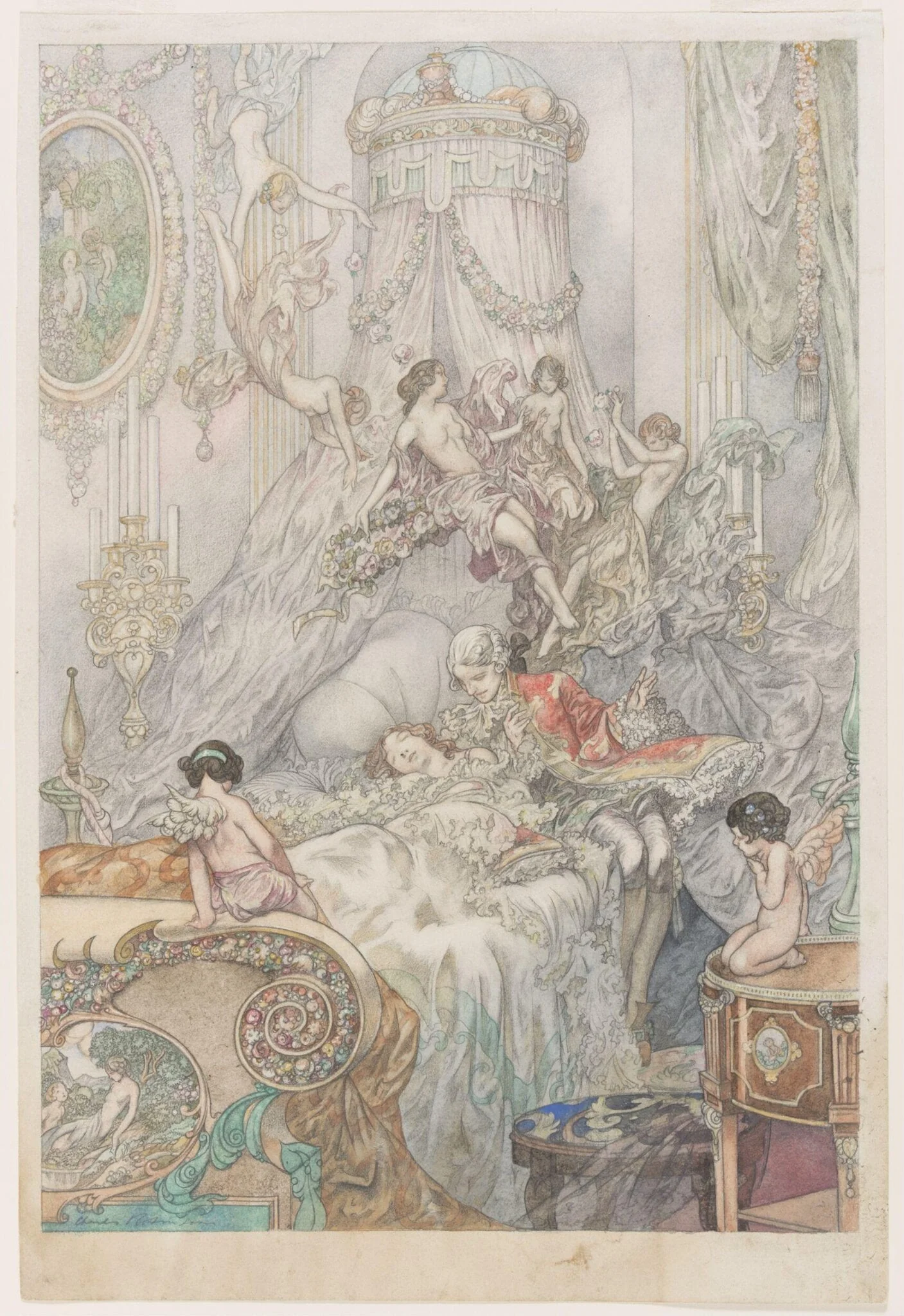 Beau leaning over a girl in bed with attendant nymphs