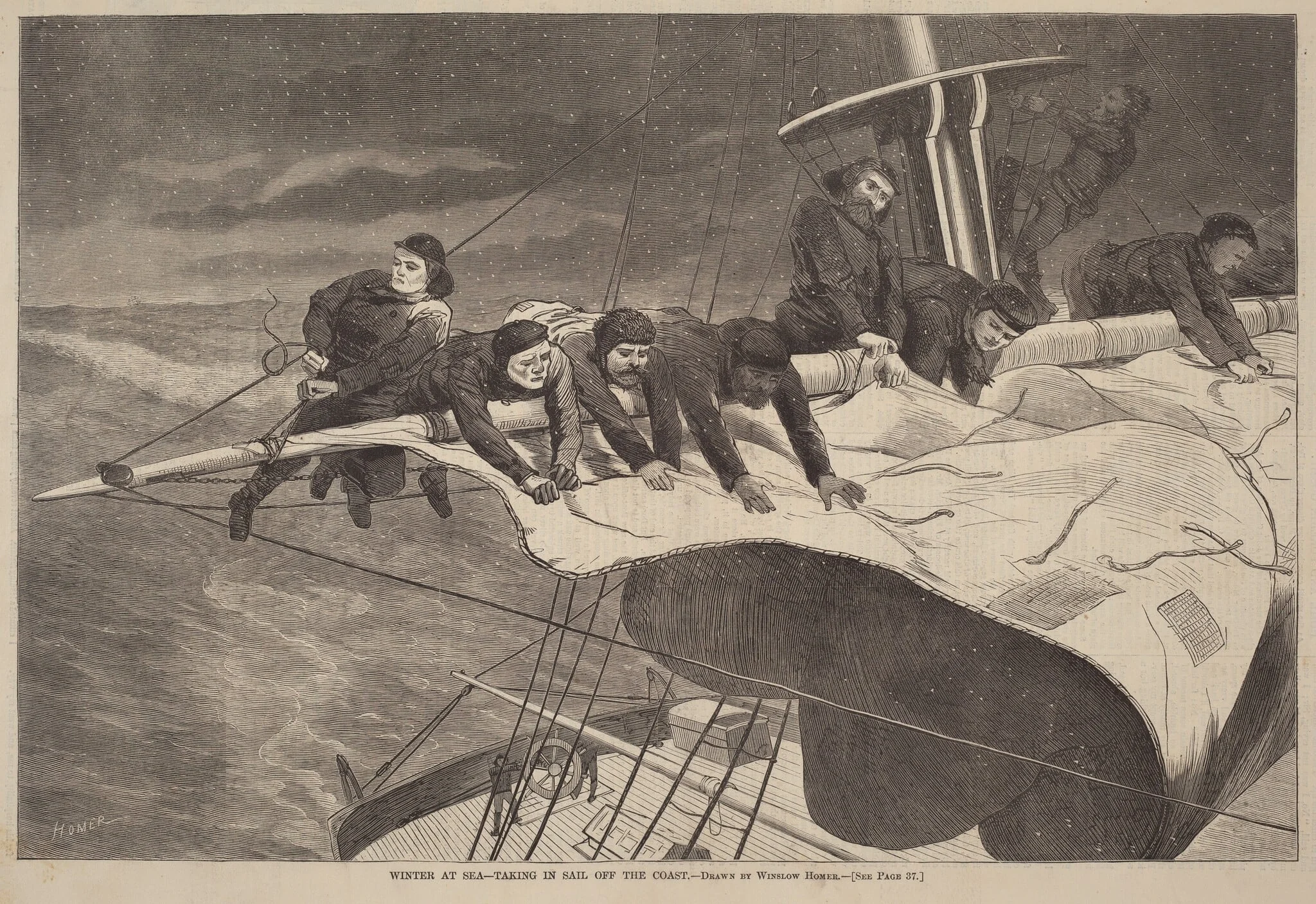 Winter at Sea - Taking in Sail Off the Coast, by American 19th Century, ink, 1869
