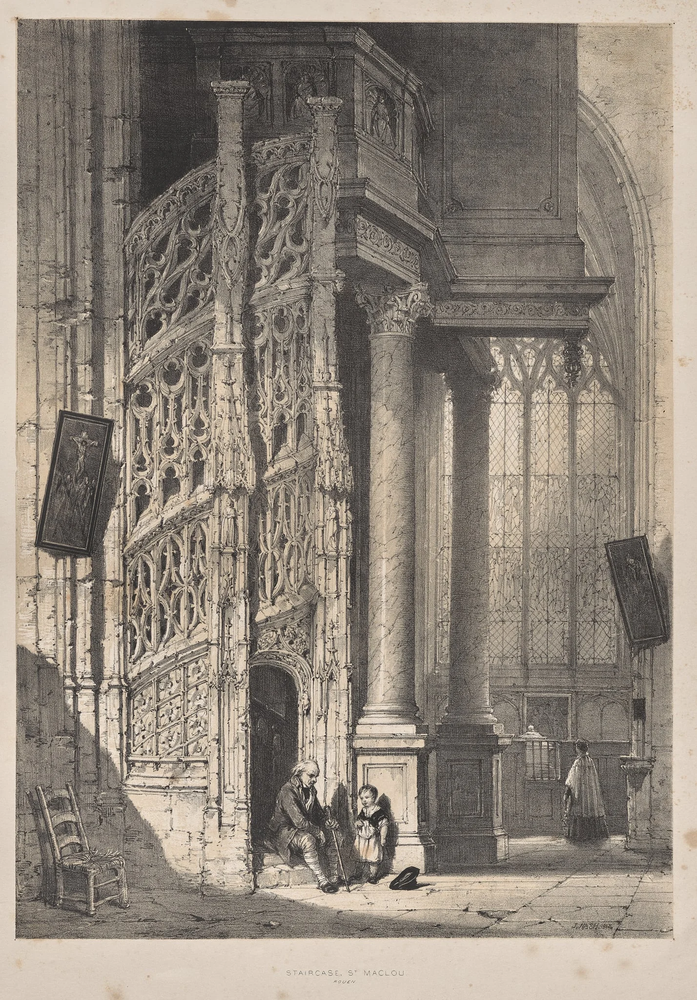 Architecture of the Middle Ages:  Staircase, St. Maclou, Rouen, by Joseph Nash, 1838