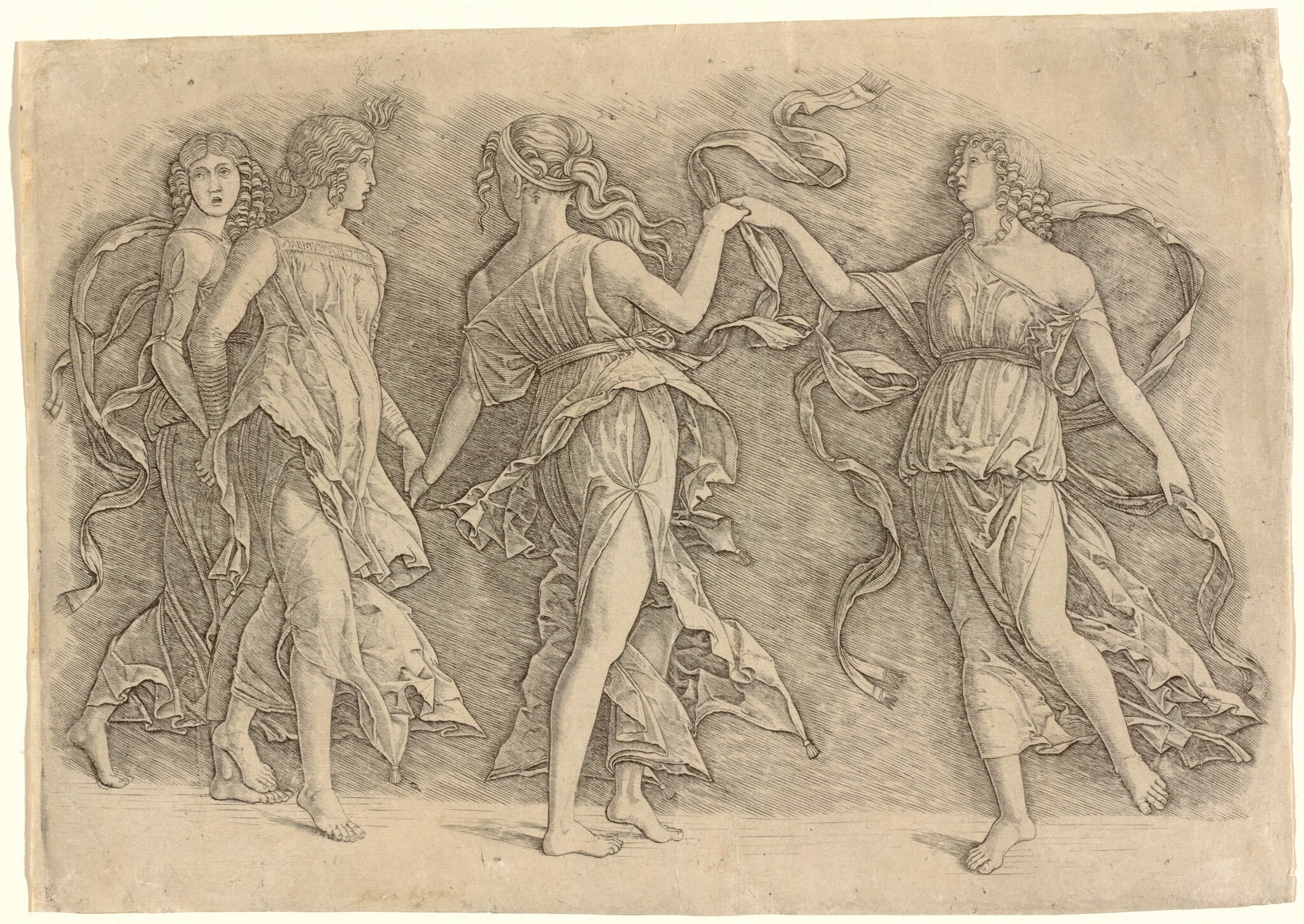 Four Dancing Muses, by Andrea Mantegna, ink, 1497