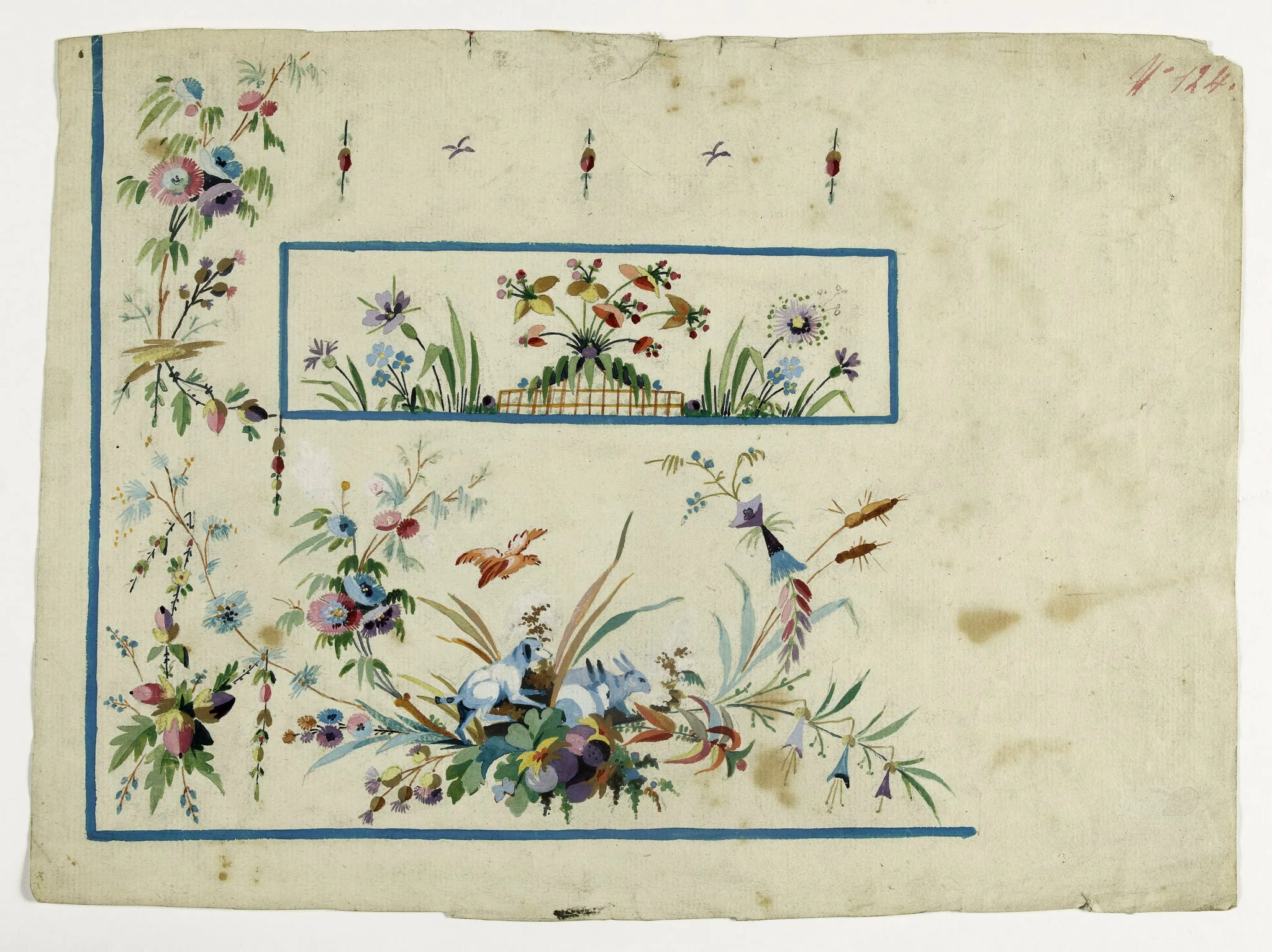 Gilet décor fleurs et fruits avec chien et lapins, projets de broderies de gilet, XVIIIème siècle, by Anonyme, 1785