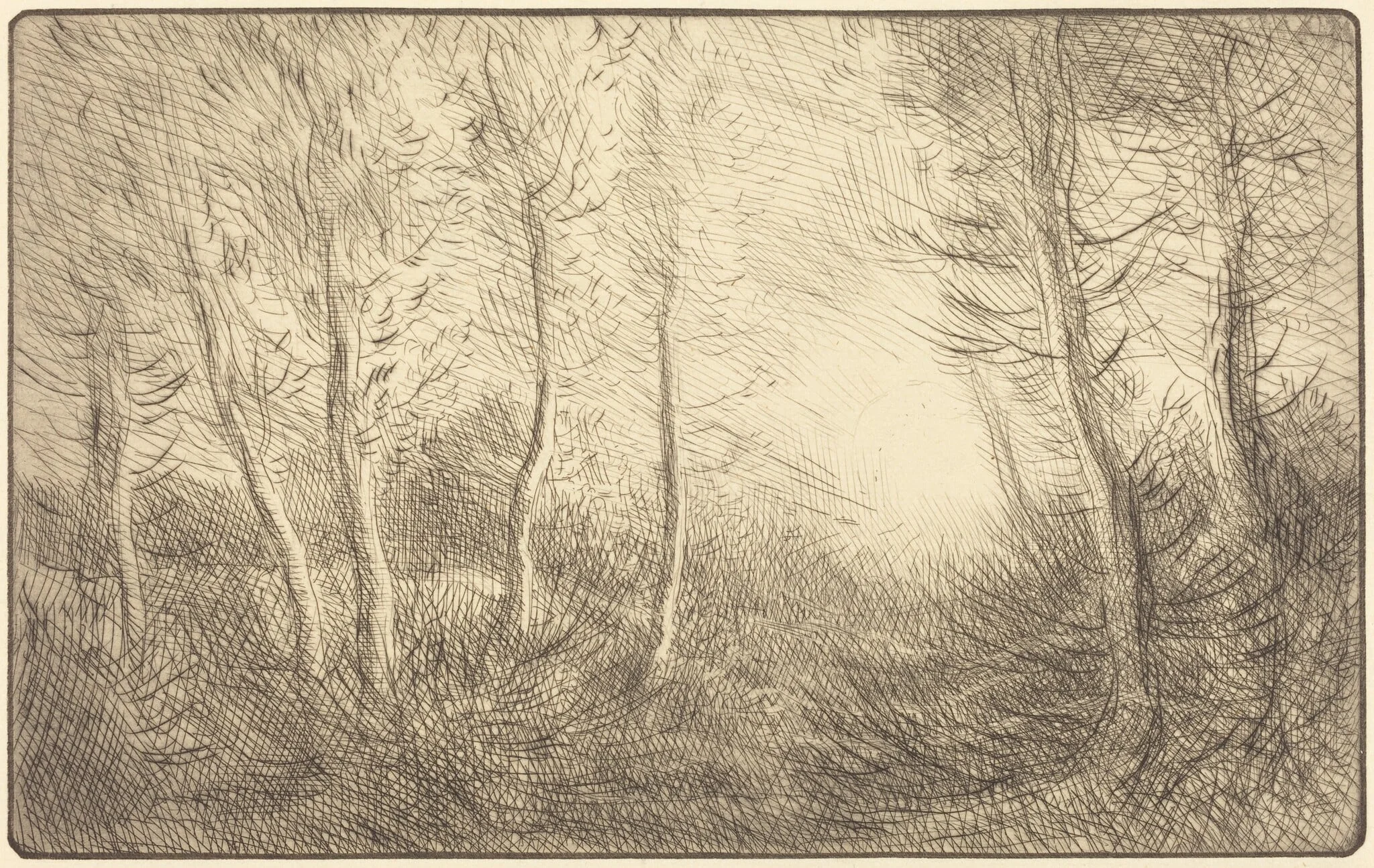 Sunrise, Woods of Clamard (Lever du soleil, bois de Clamard), by Alphonse Legros, ink, 1874