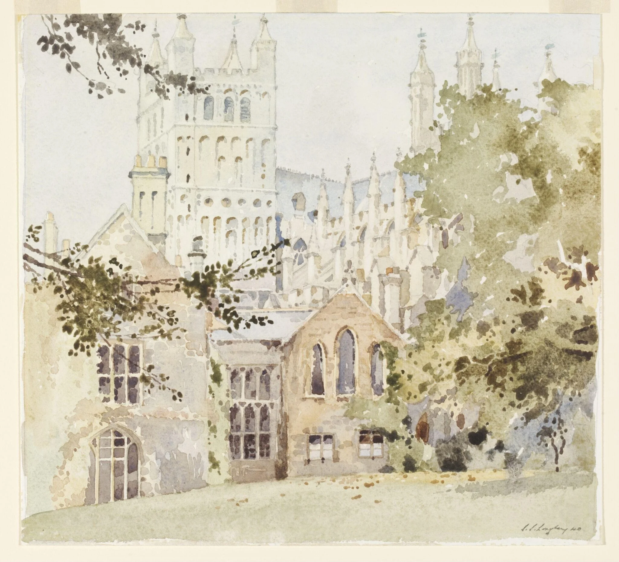 Bishop's Palace, Exeter, by Longley, watercolor, 1940