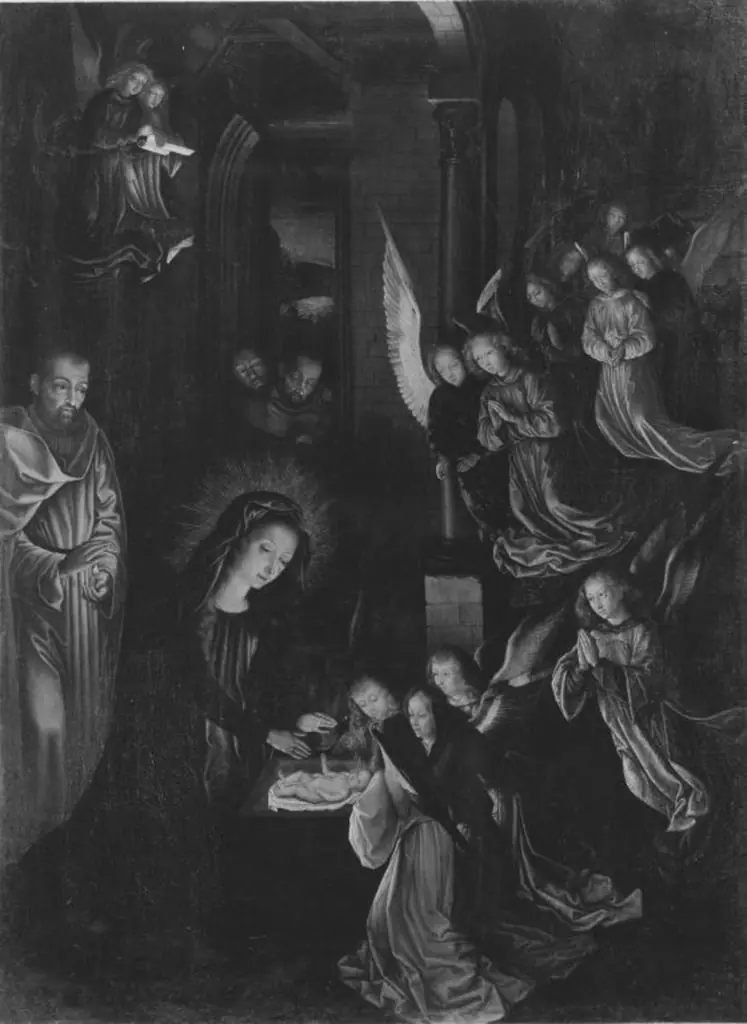 Geburt Christi (nach einem verlorenen Original von Hugo van der Goes) (Rückseite: Wappen) (Kopie nach)
