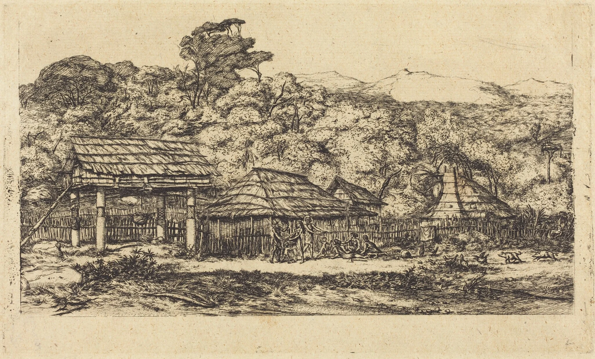 Greniers indigènes et habitations à Akaroa, presqu'Ile de Banks, 1845 (Native Barns and Huts at Akaroa, Banks' Peninsula, 1845), by Charles Meryon, ink, 1865