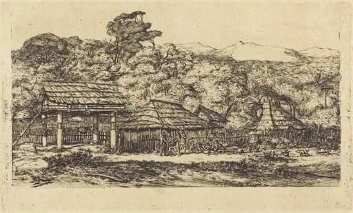 Greniers indigènes et habitations à Akaroa, presqu'Ile de Banks, 1845 (Native Barns and Huts at Akaroa, Banks' Peninsula, 1845)
