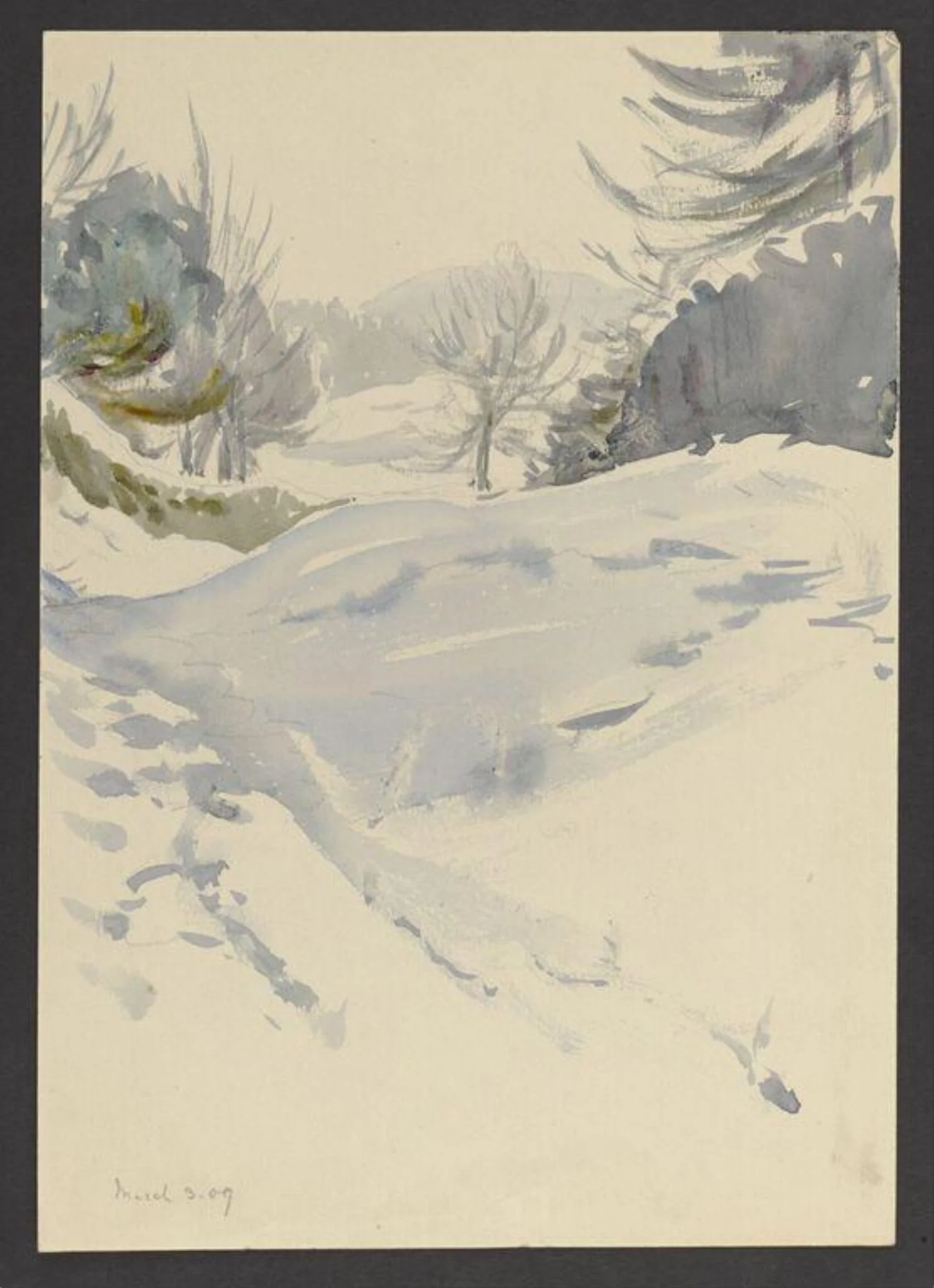 Snowy landscape with trees, by Beatrix Potter, watercolor, 3