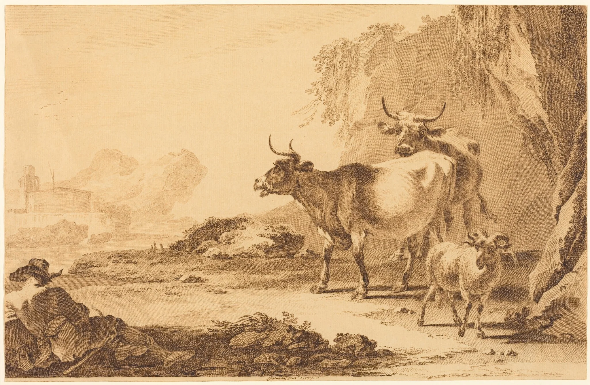 Landscape with Cattle, a Goat, and a Resting Shepherd, by Pietro Giacomo Palmieri, ink, 1774