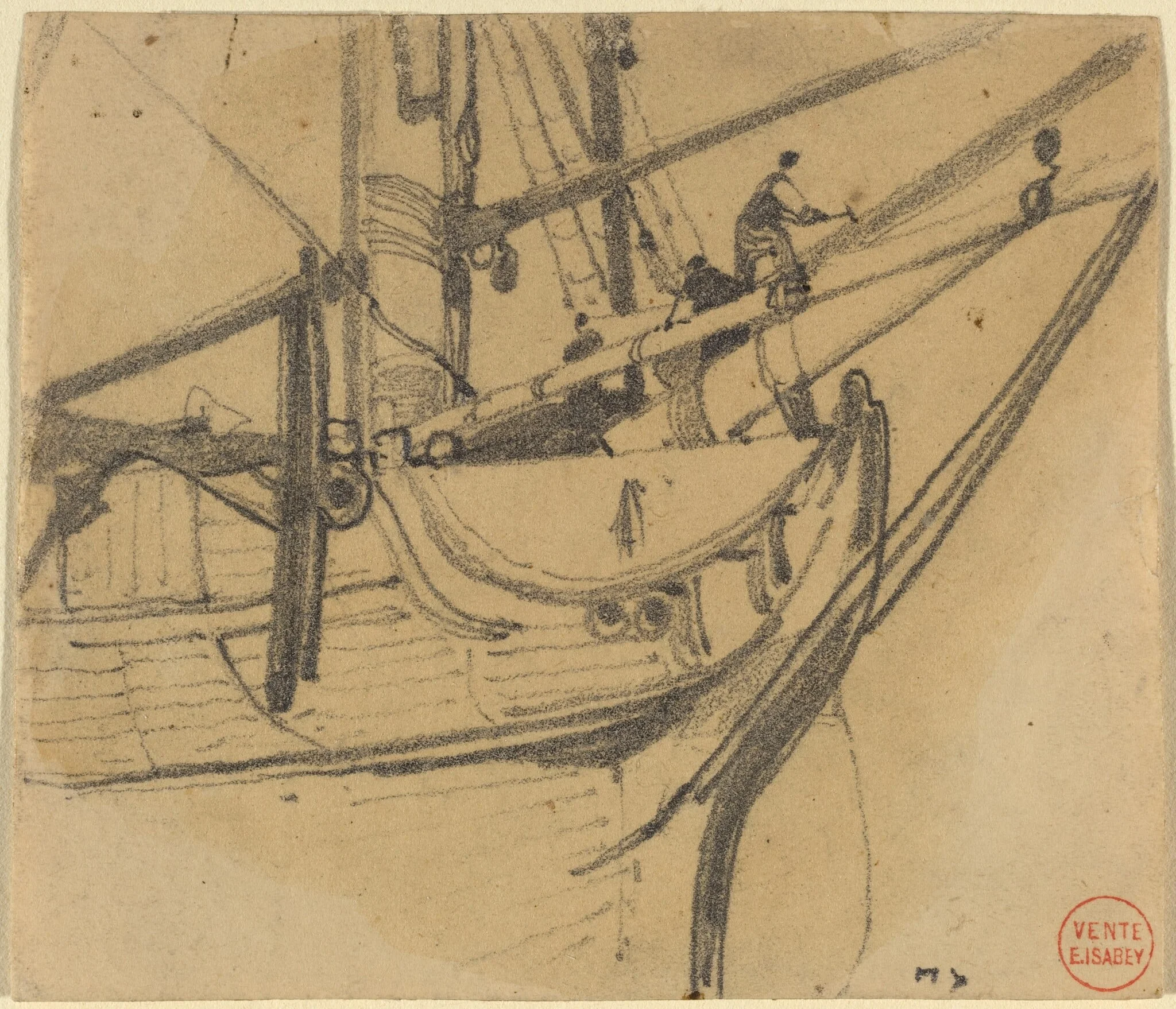 Men Repairing the Boom, by Eugène Isabey, graphite, 1844