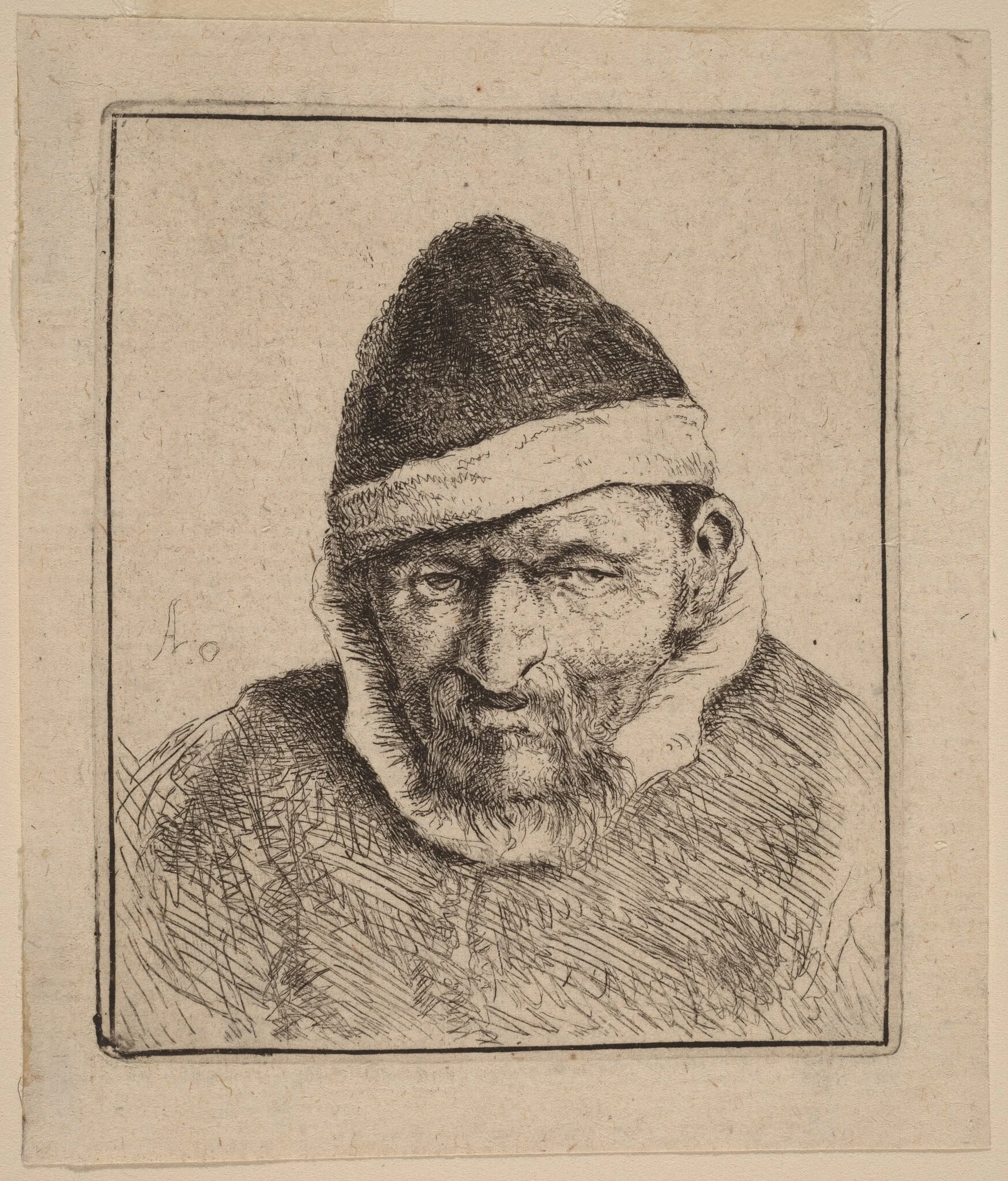 Bust of a Peasant in a Pointed Fur Cap, by Adriaen van Ostade, ink, 1647