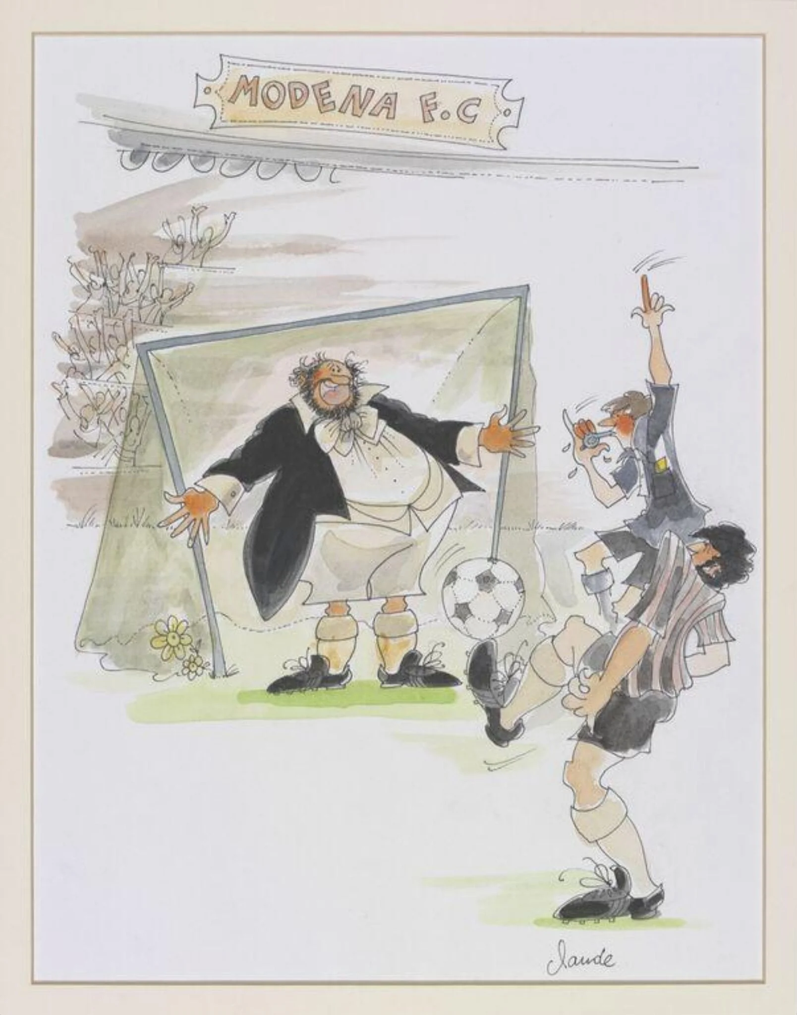 Caricature drawing of Luciano Pavarotti, by Claude Monet, 1994