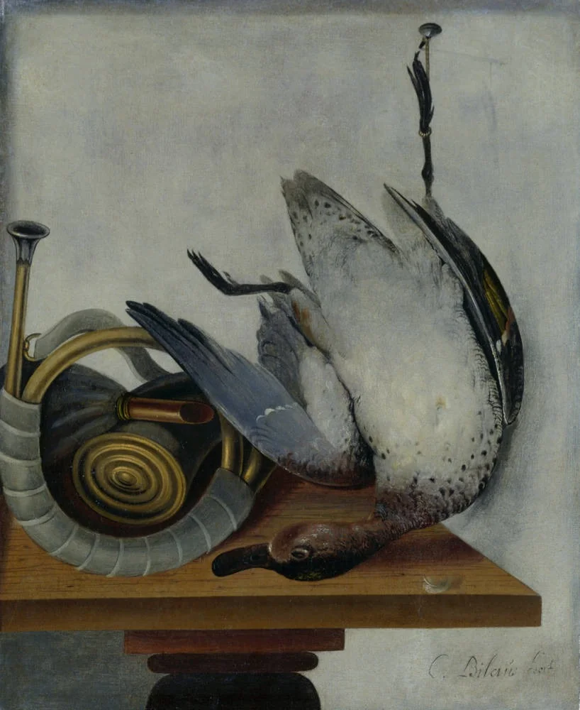 A wild duck hanging on the tether, by Cornelis Biltius, oil, 1688