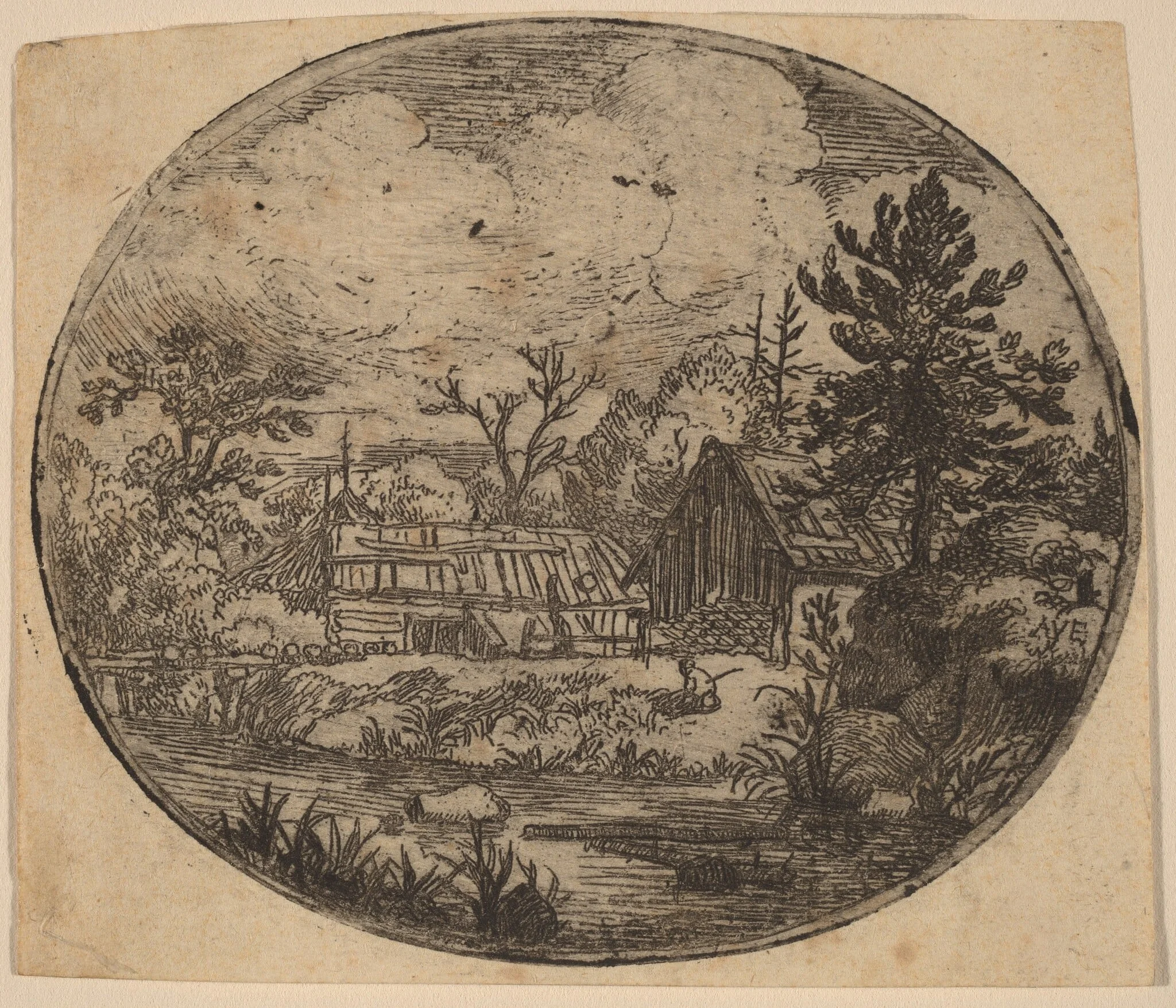 Hamlet at the Bank of a River, by Allart van Everdingen, ink, 1650