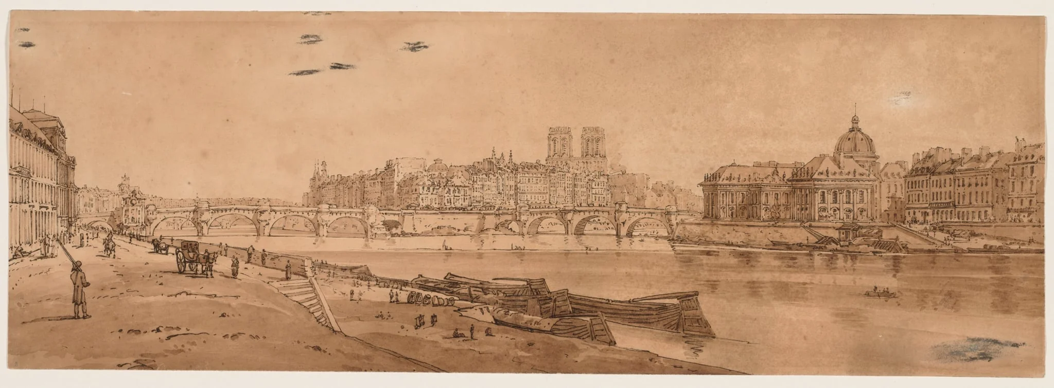 A Selection of Twenty of the Most Picturesque Views in Paris:  View of Pont Neuf, part of the Louvre, Notre Dame, and the College of Four Nations, by Girtin, 1802