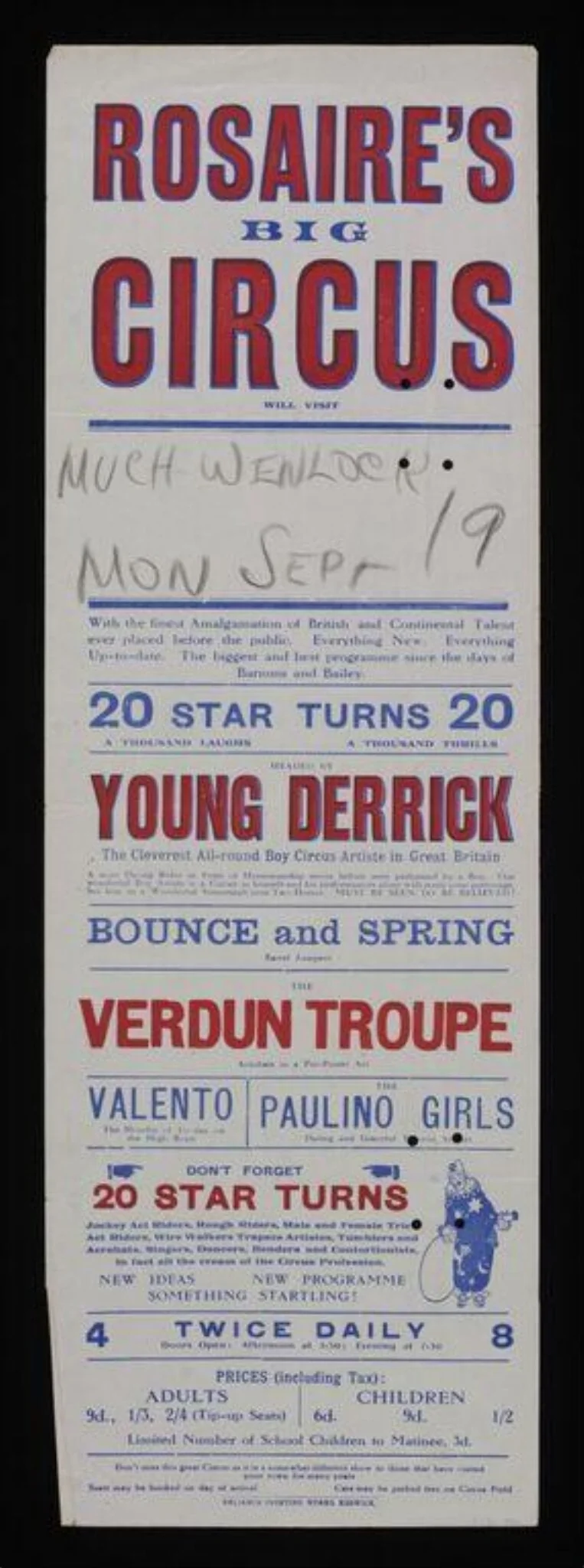 Tour poster advertising Rosaire's Big Circus appearing in Much Wenlock, Monday 19th September