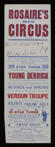 Tour poster advertising Rosaire's Big Circus appearing in Much Wenlock, Monday 19th September