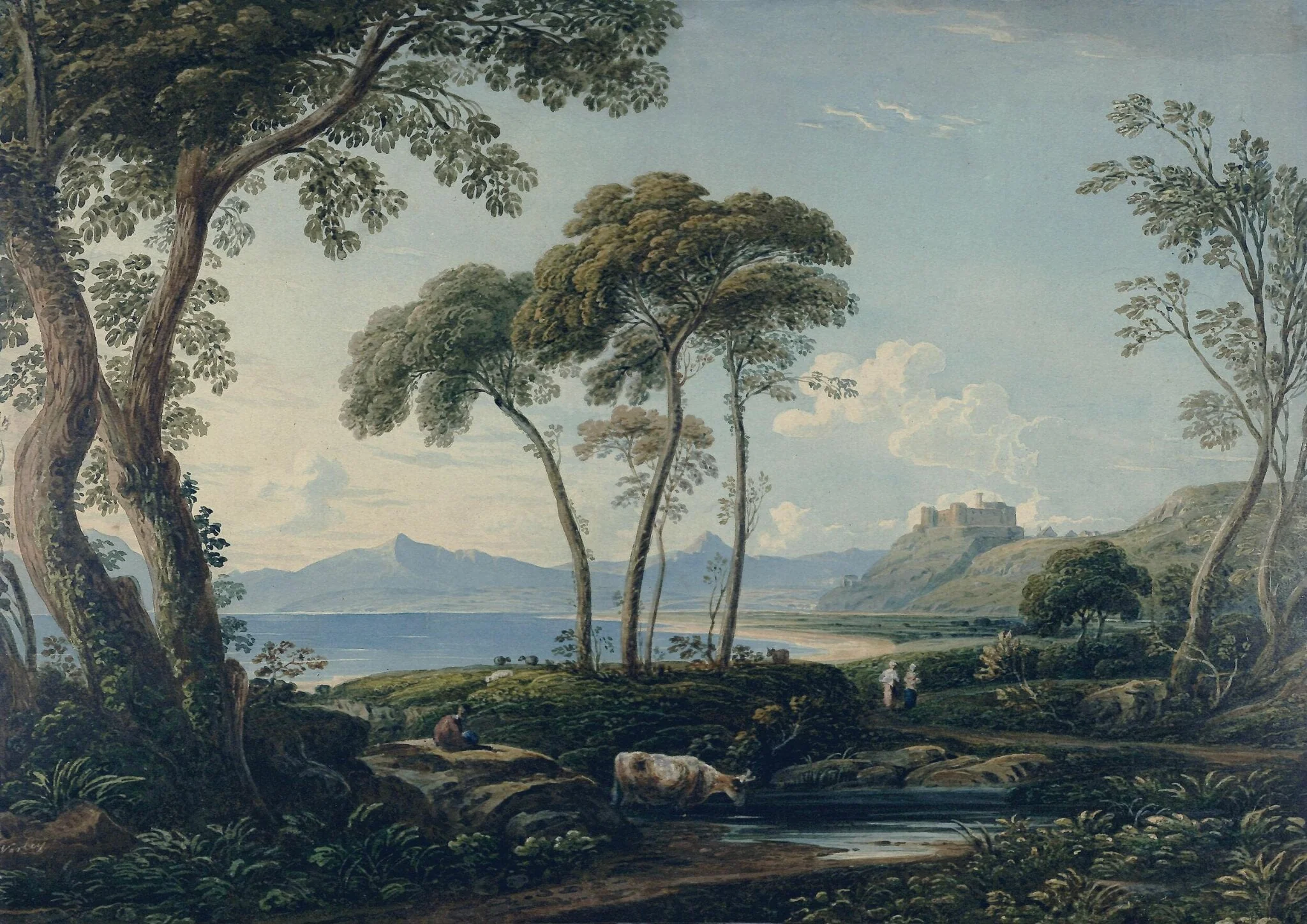 Landscape with Harlech Castle, by John Varley, watercolor, 1850